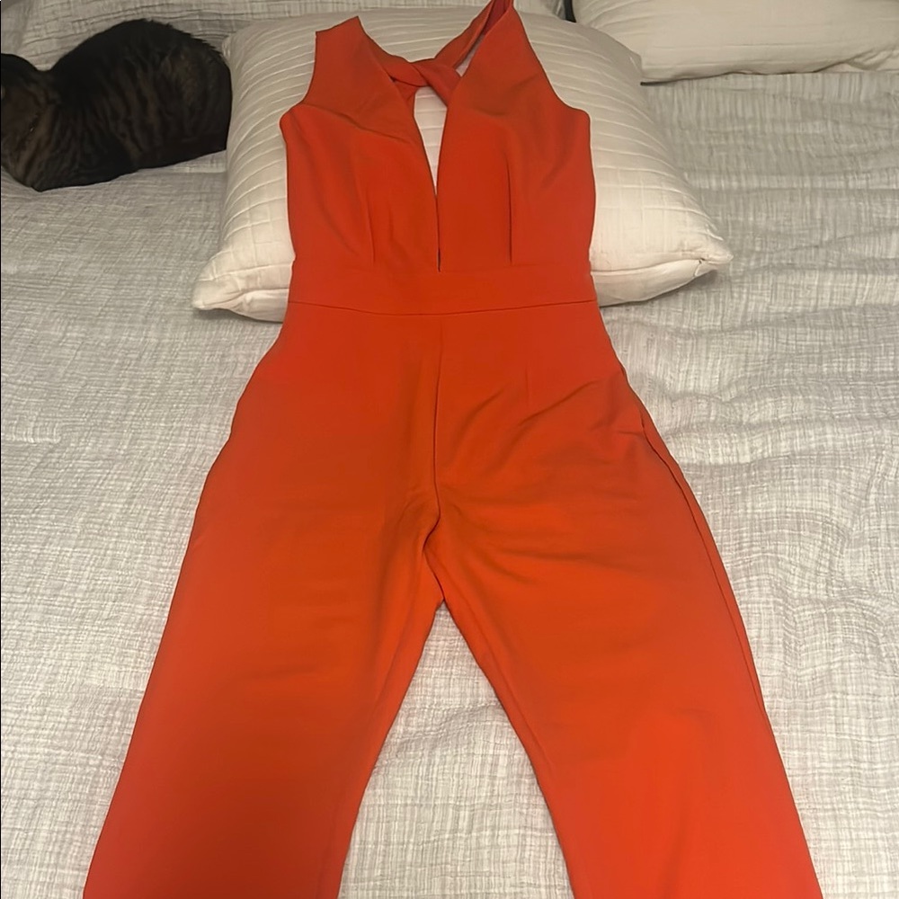 Hello Molly Orange Halter Jumpsuit with Keyhole Detail